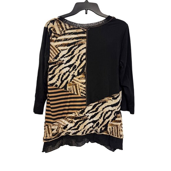 JM Collection Petite Womens 3/4 Sleeve Black V-Neck Asymmetrical Top PM Animal P - Picture 2 of 6
